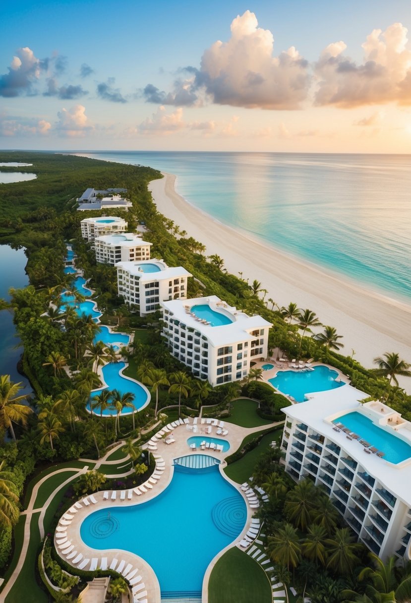 Aerial view of 5 Excellence Resorts nestled along pristine beaches with luxurious pools and lush tropical landscaping