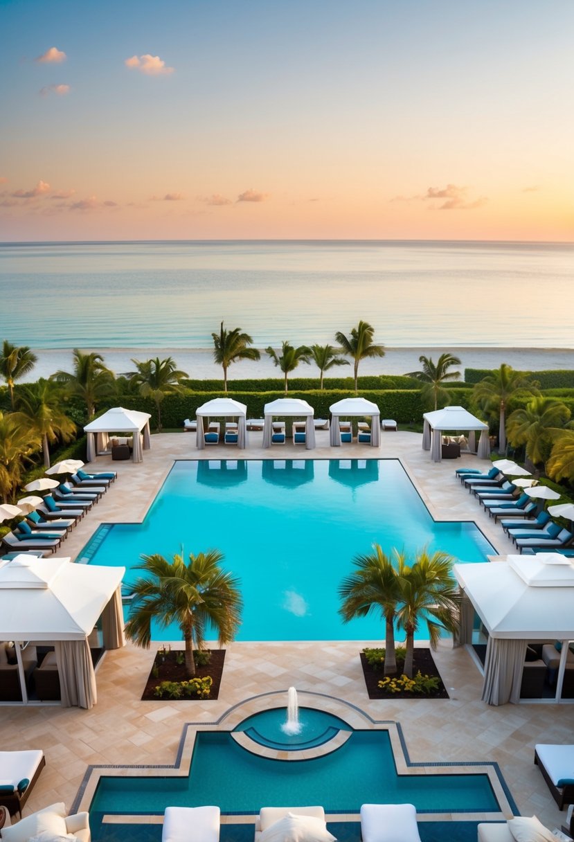 A sparkling pool with cabanas, a fully-equipped fitness center, a spa with luxurious treatments, a gourmet restaurant, and a private beach with plush loungers