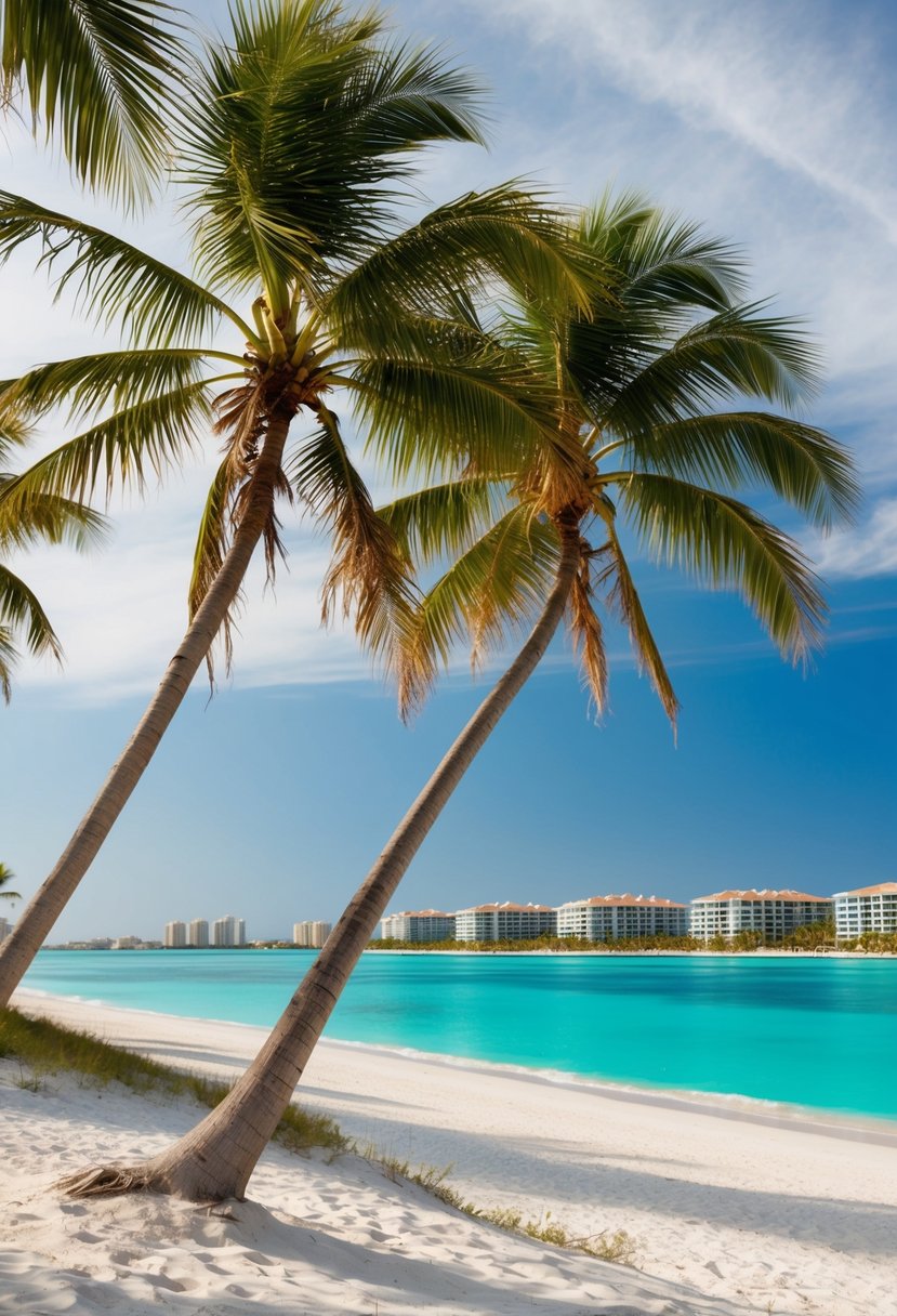 Palm trees sway on sandy beach, leading to turquoise ocean with luxury resorts lining the shore in the Florida Keys