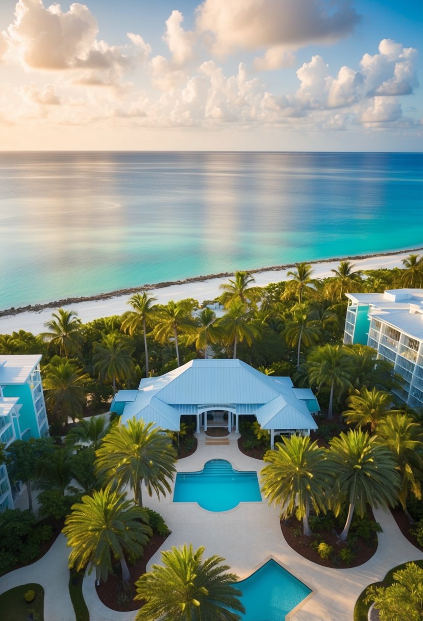 Aerial view of Cheeca Lodge & Spa nestled among lush palm trees and overlooking crystal clear waters of the Florida Keys