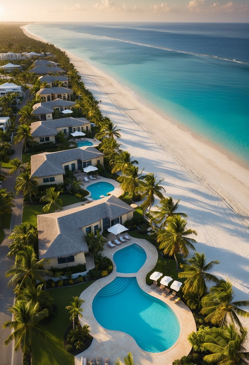 Aerial view of Isla Bella Beach Resort with palm-lined beach, crystal-clear water, and luxurious oceanfront villas