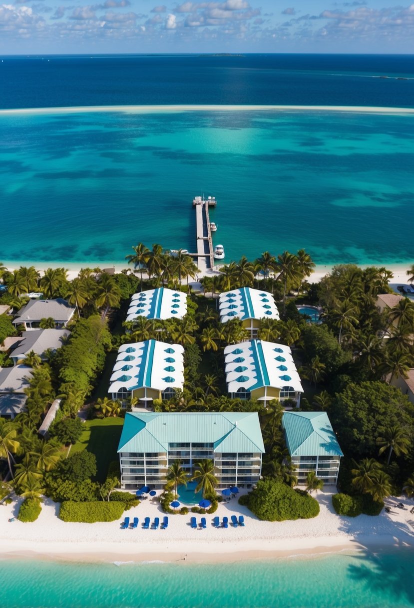 Aerial view of Bungalows Key Largo resort nestled among lush greenery and surrounded by crystal-clear blue waters of the Florida Keys