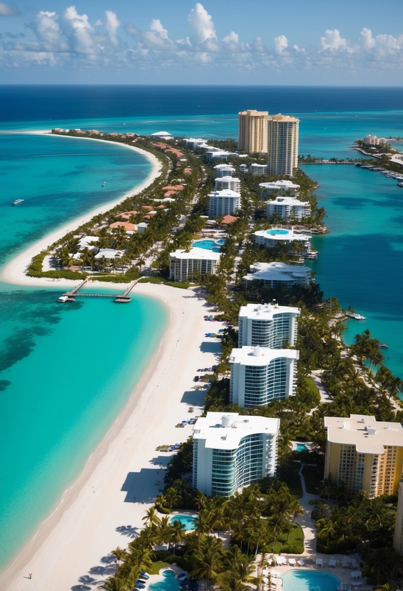 Aerial view of the Florida Keys, with palm-fringed beaches and luxury resorts lining the turquoise coastline