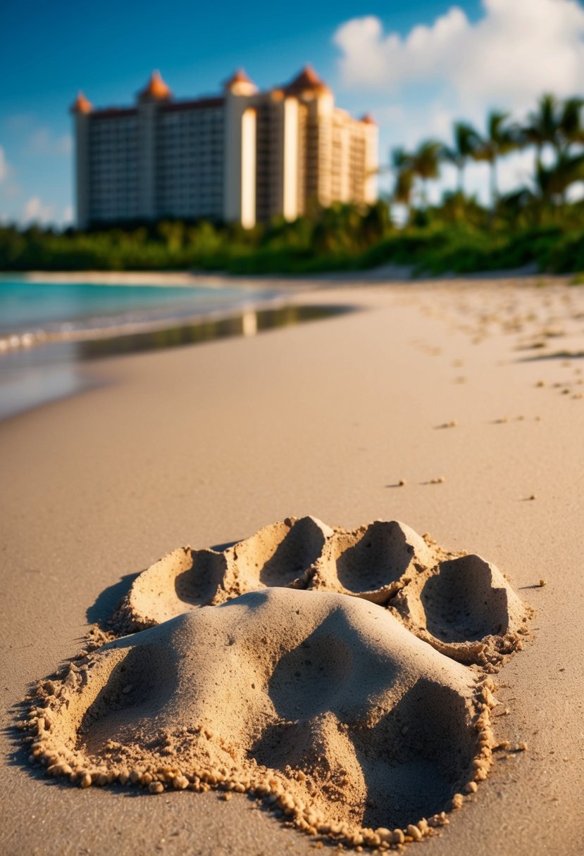 A majestic lion's paw print in the sandy shore, with lush greenery and a grand resort in the background