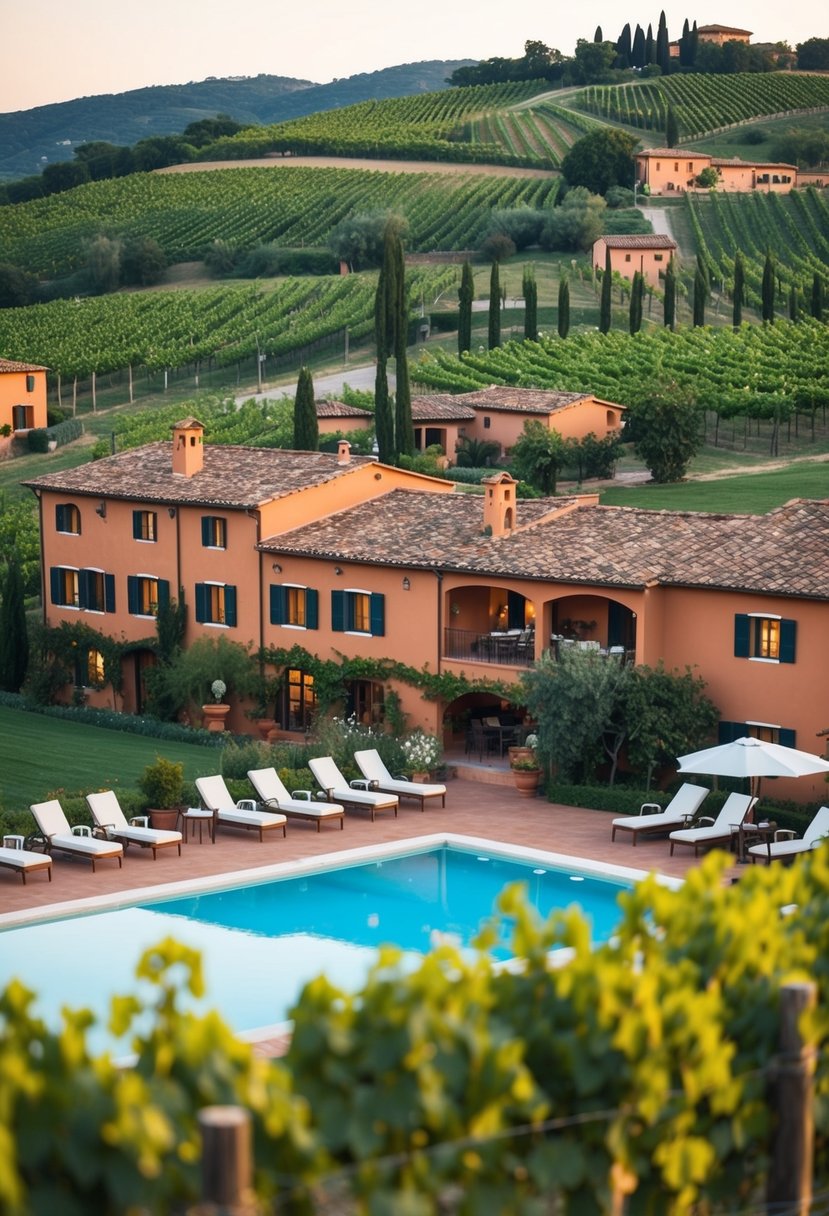 A picturesque Italian resort nestled among rolling hills and vineyards, with a sparkling pool and charming terracotta buildings