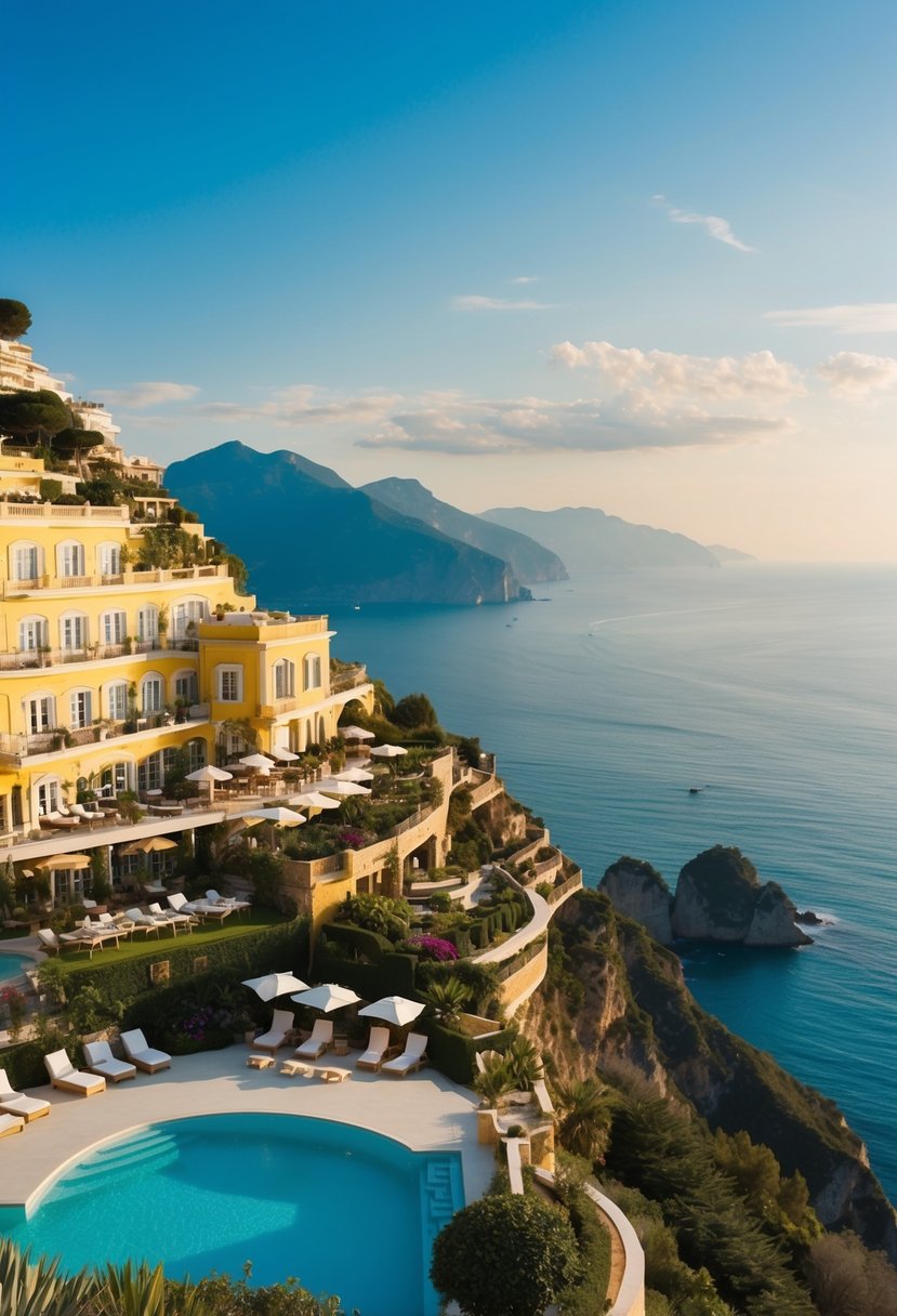 A grand, cliffside resort overlooking the Amalfi Coast, with lush gardens, infinity pools, and terraces offering breathtaking views of the Mediterranean