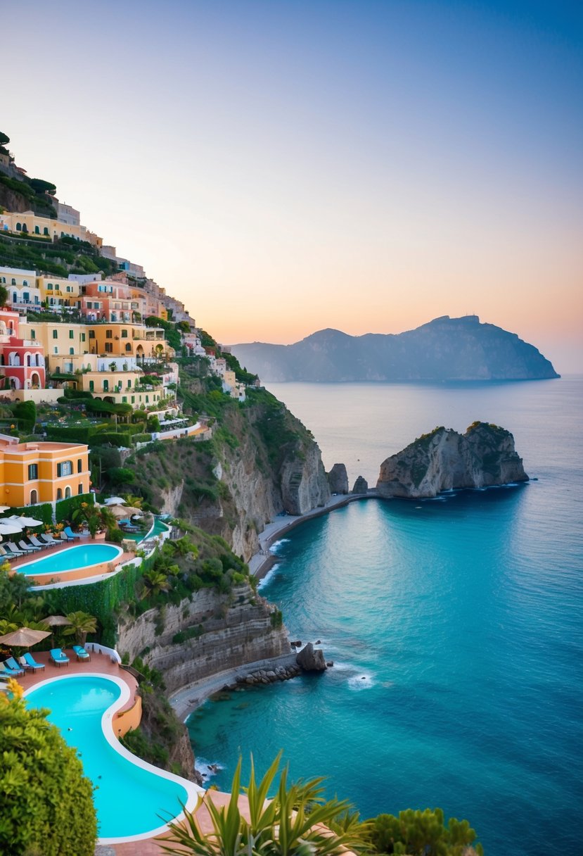 A stunning cliffside resort overlooks the turquoise waters of the Amalfi Coast, surrounded by lush gardens and colorful villas