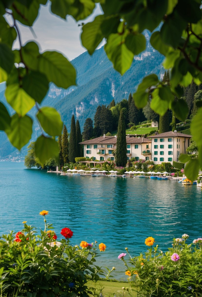 A serene lakeside resort nestled among lush greenery and vibrant flowers, with a backdrop of the stunning Lago di Garda in Italy
