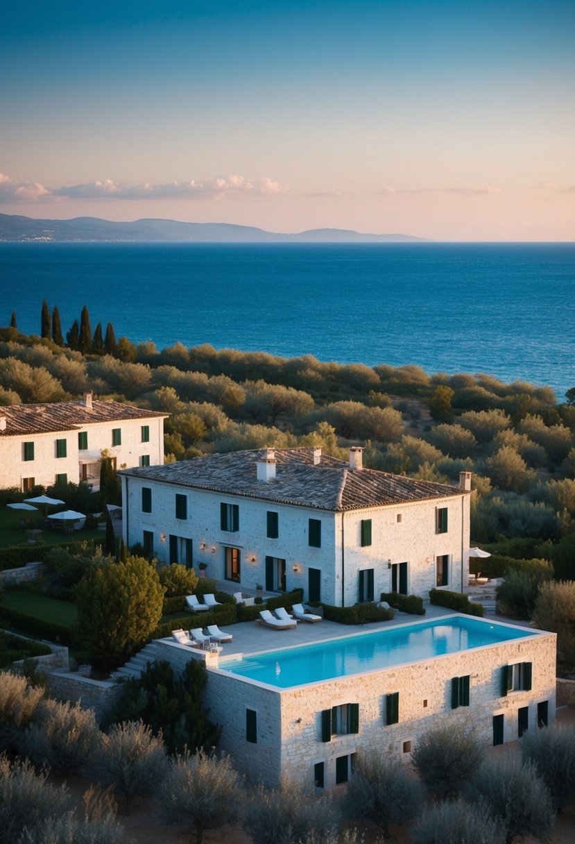 A luxurious Italian resort nestled among olive groves and white stone buildings, with a backdrop of the Adriatic Sea