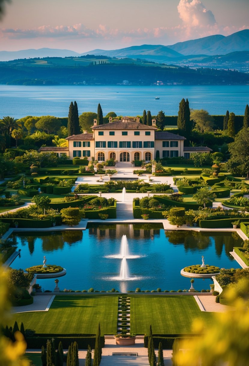 A luxurious Italian resort with sprawling gardens, fountains, and a grand villa overlooking a serene lake