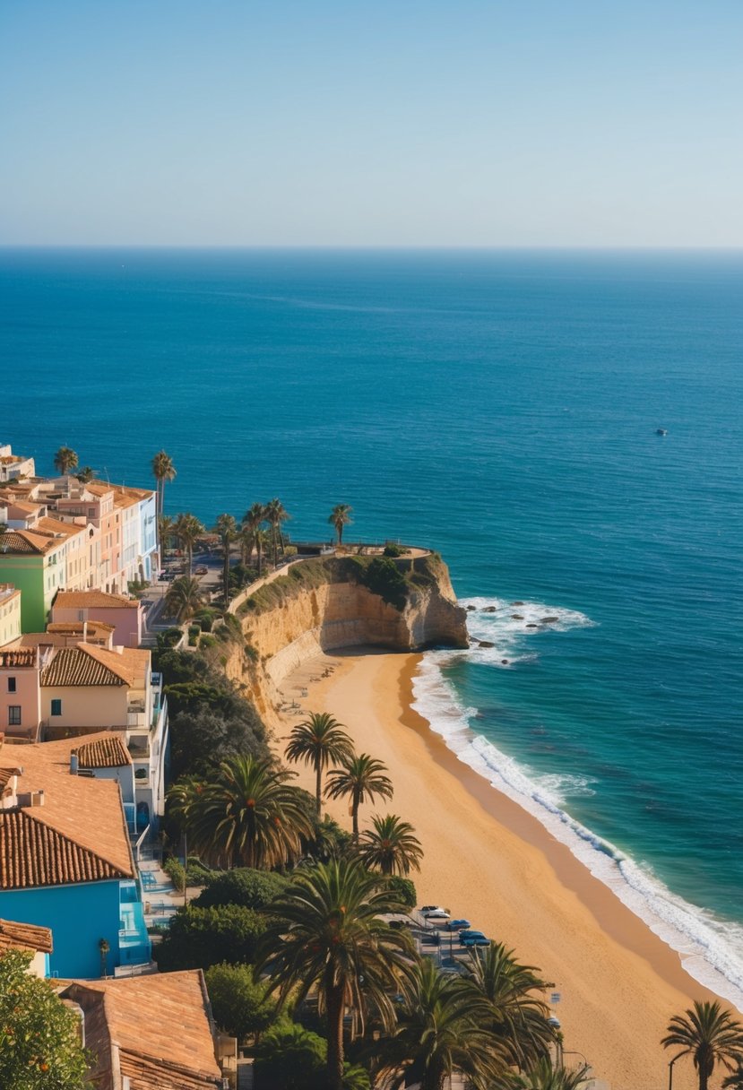 A coastal cliff overlooking a sparkling blue sea, with colorful buildings and terracotta rooftops lining the shore. Palm trees and lush greenery dot the landscape, and a golden sandy beach stretches out towards the horizon