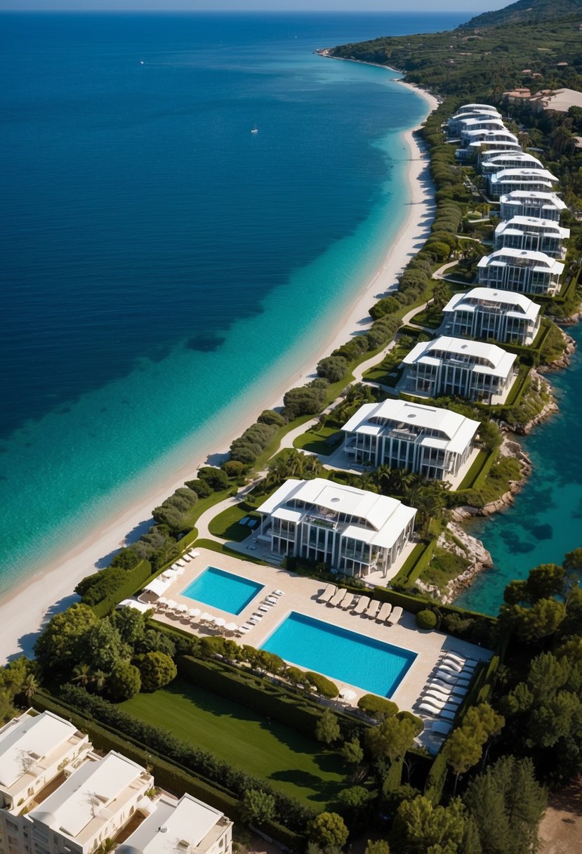 Aerial view of 5 luxurious Italian resorts nestled along the coastline with crystal clear waters and lush greenery