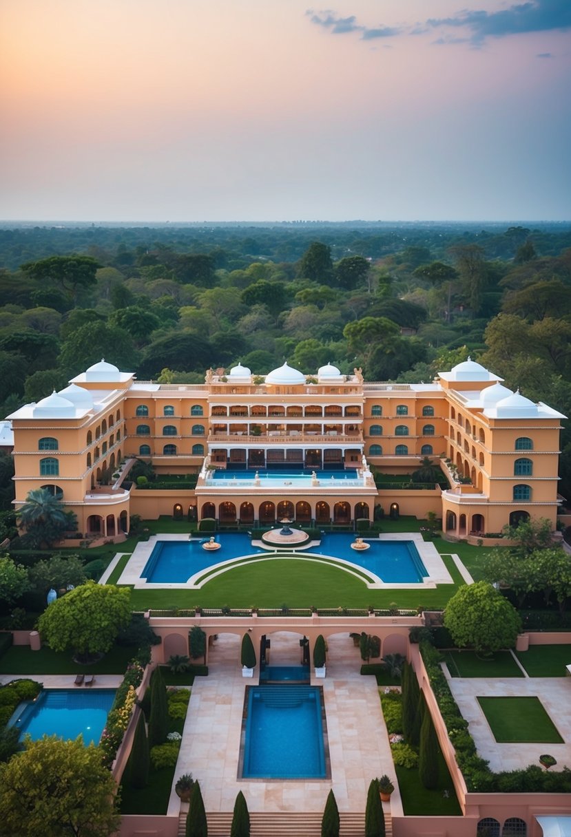 Aerial view of Fairmont Jaipur resort nestled in lush greenery with a grand entrance and luxurious pool area