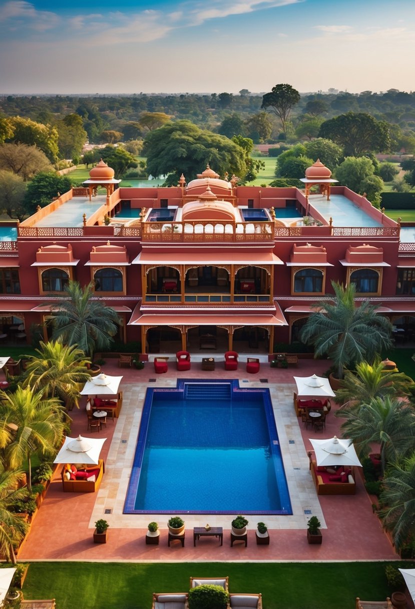 Aerial view of Trident Jaipur resort surrounded by lush gardens and a sparkling pool, with traditional Rajasthani architecture