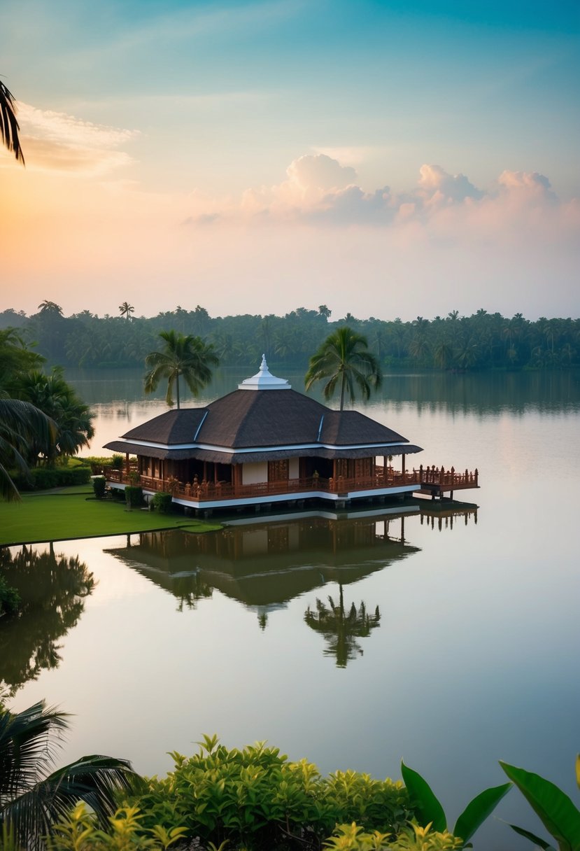 A serene lake surrounded by lush greenery and traditional Kerala architecture at Kumarakom Lake Resort