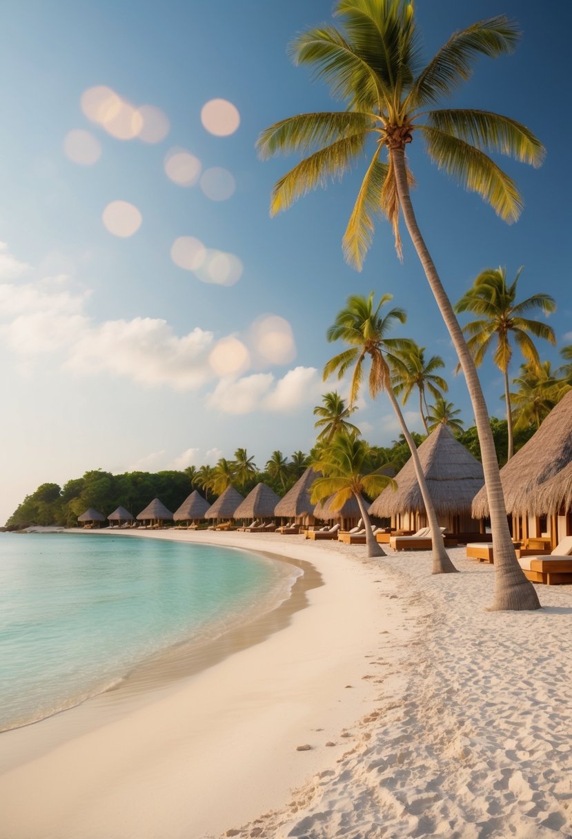 A serene beach resort with palm trees, thatched-roof huts, and a pristine sandy shoreline