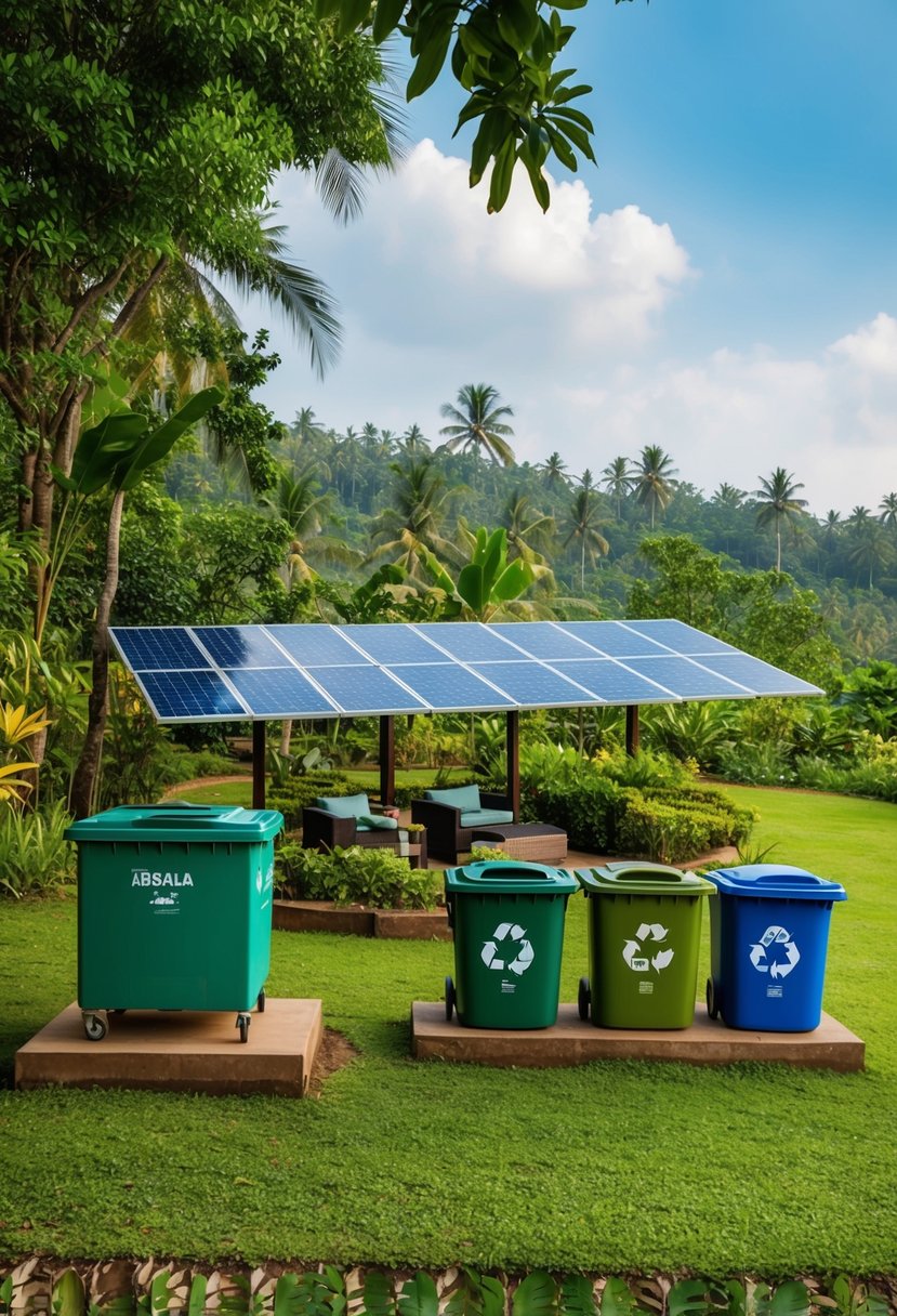 A serene resort nestled in lush greenery, with solar panels and recycling bins, showcasing sustainable tourism practices in Kerala