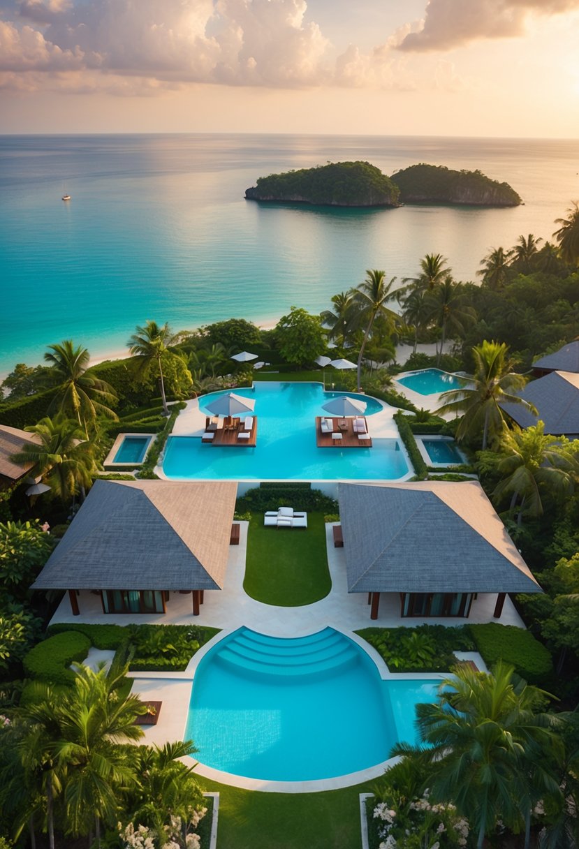 Aerial view of Sri Panwa Phuket resort with infinity pools, lush gardens, and luxury villas overlooking the Andaman Sea
