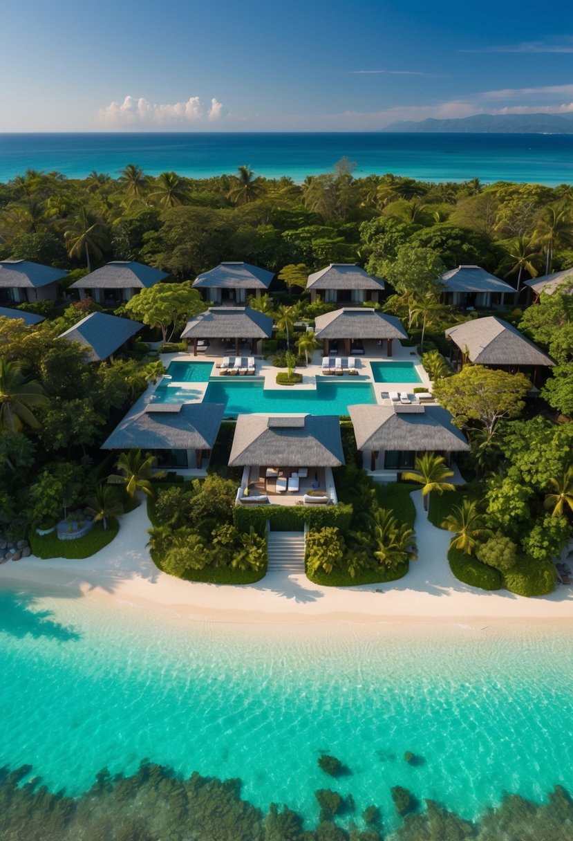 Aerial view of Trisara Phuket resort nestled among lush greenery with private villas and infinity pools overlooking the crystal-clear waters of the Andaman Sea