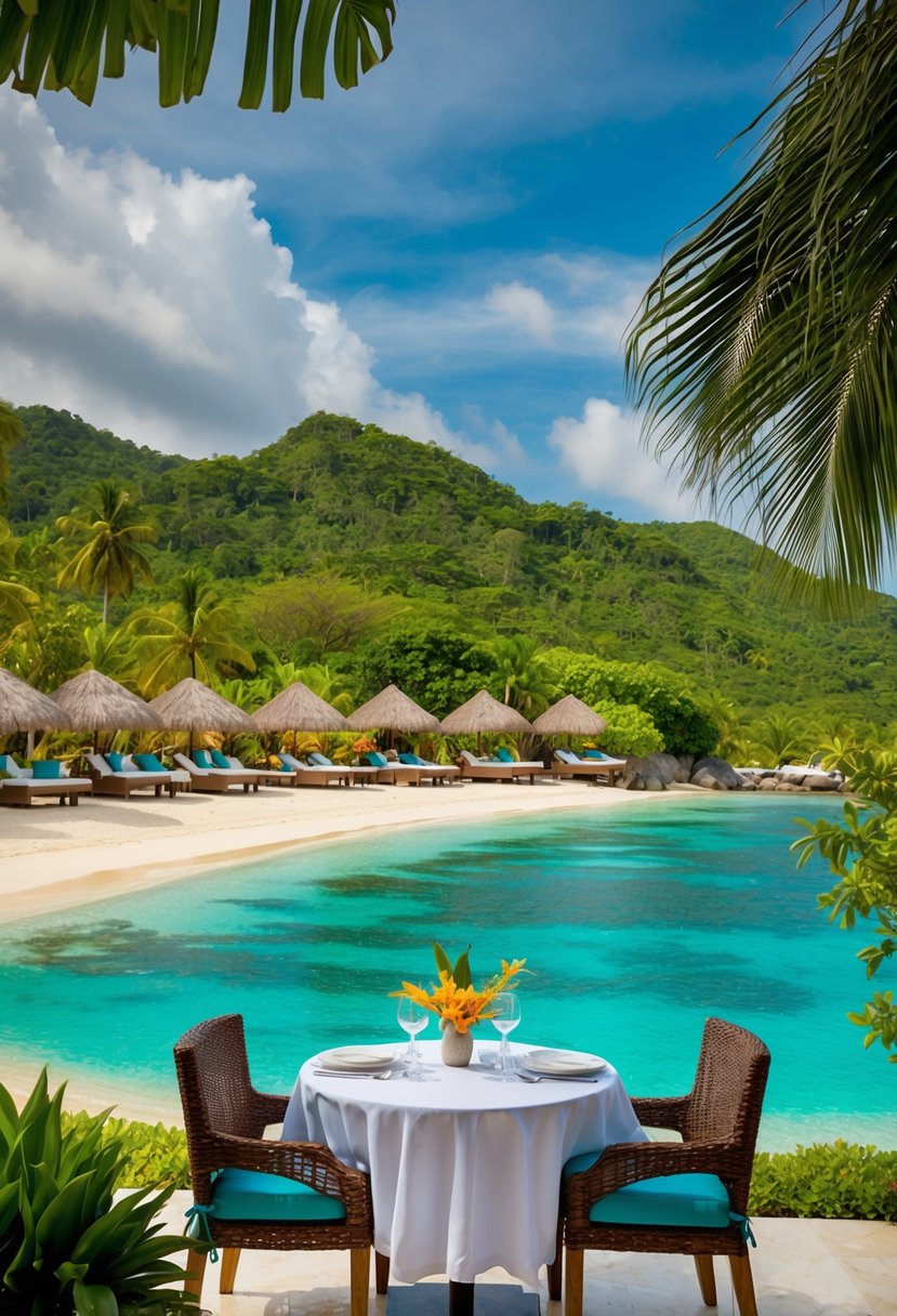 A tropical beachfront resort with outdoor dining, surrounded by lush greenery and overlooking the crystal-clear waters of the Andaman Sea