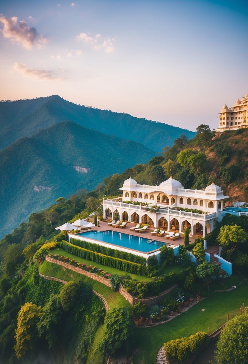 A luxurious resort nestled in the serene hills of Rishikesh, surrounded by lush greenery and overlooking the majestic Taj Rishikesh