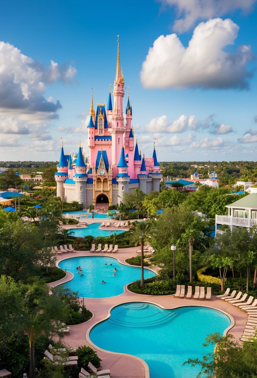 A vibrant, family-friendly resort nestled among lush greenery and sparkling pools, with a backdrop of iconic Disney attractions