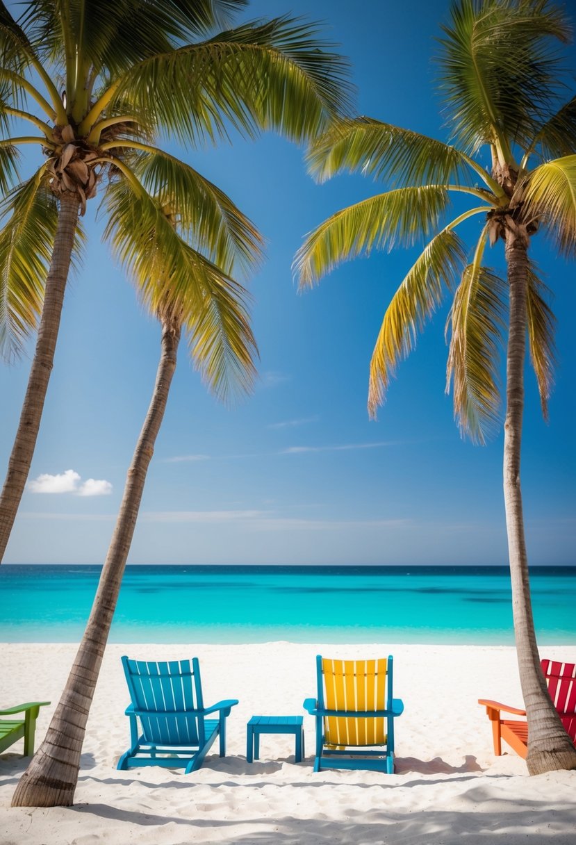 Palm trees sway on white sandy beach at Caribbean Resort, with clear blue water and colorful beach chairs