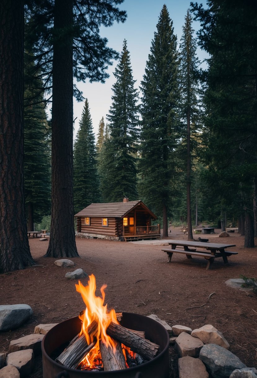 A cozy campsite nestled among tall pine trees, with a rustic log cabin and a crackling campfire at Fort Wilderness Resort & Campground