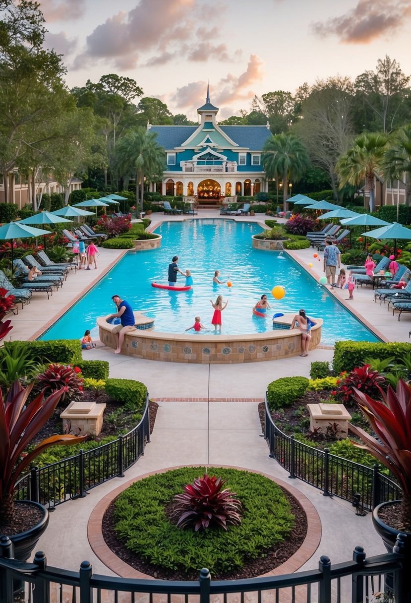 A tranquil pool surrounded by lush landscaping and charming architecture, with families enjoying outdoor activities and relaxation at a Disney World Moderate Resort in 2023