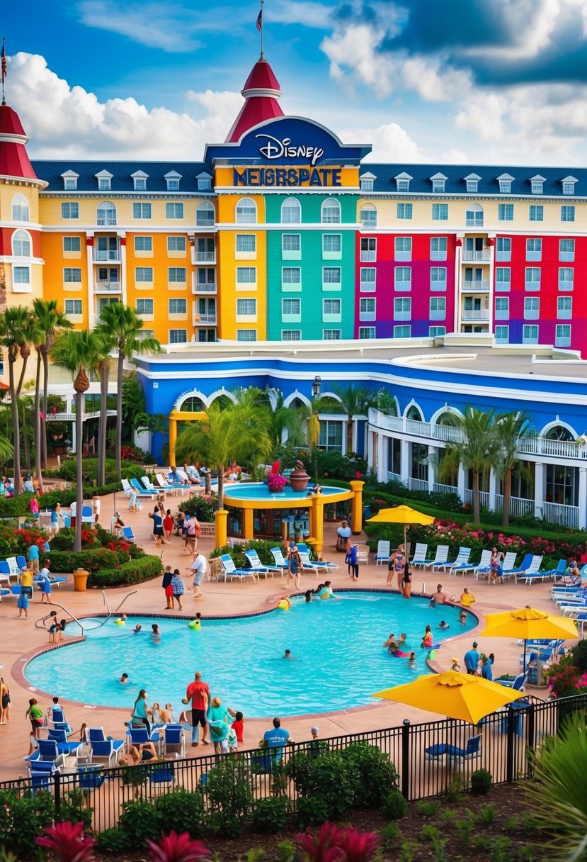 A bustling, vibrant Disney Moderate Resort with colorful buildings, lush landscaping, and families enjoying the pool and amenities