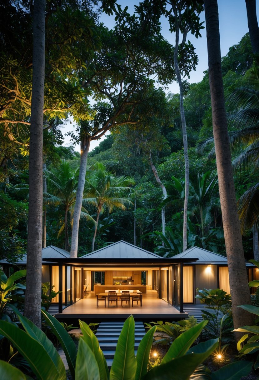 A luxurious jungle resort nestled among tall trees and lush greenery, with modern cabins and a central open-air dining area