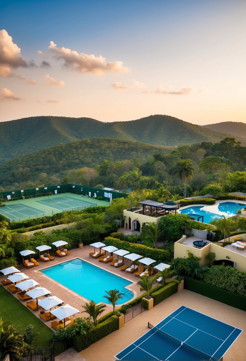 A lush resort in Lonavala, featuring a sparkling pool, elegant spa, tennis courts, gourmet restaurant, and private cabanas nestled in the scenic hills