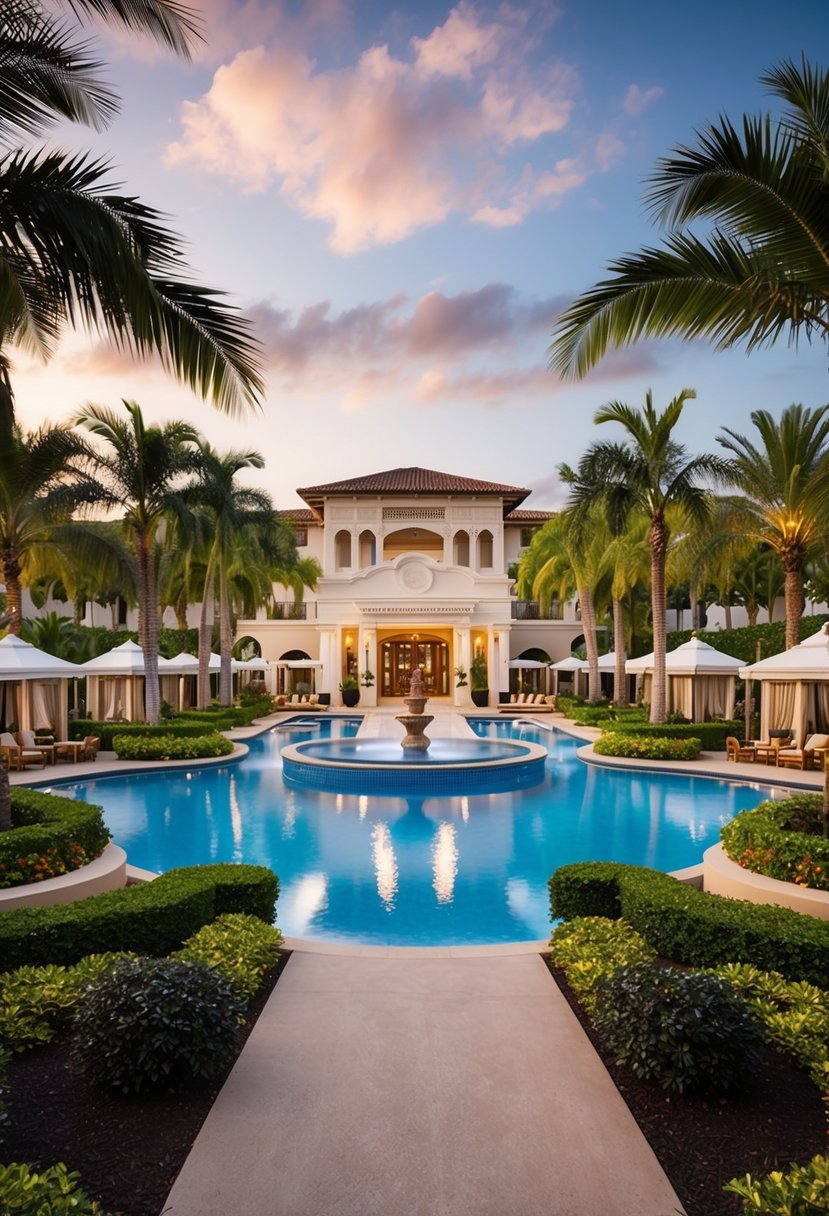 A luxurious resort with a grand entrance, lush landscaping, and a sparkling pool area surrounded by palm trees and cabanas