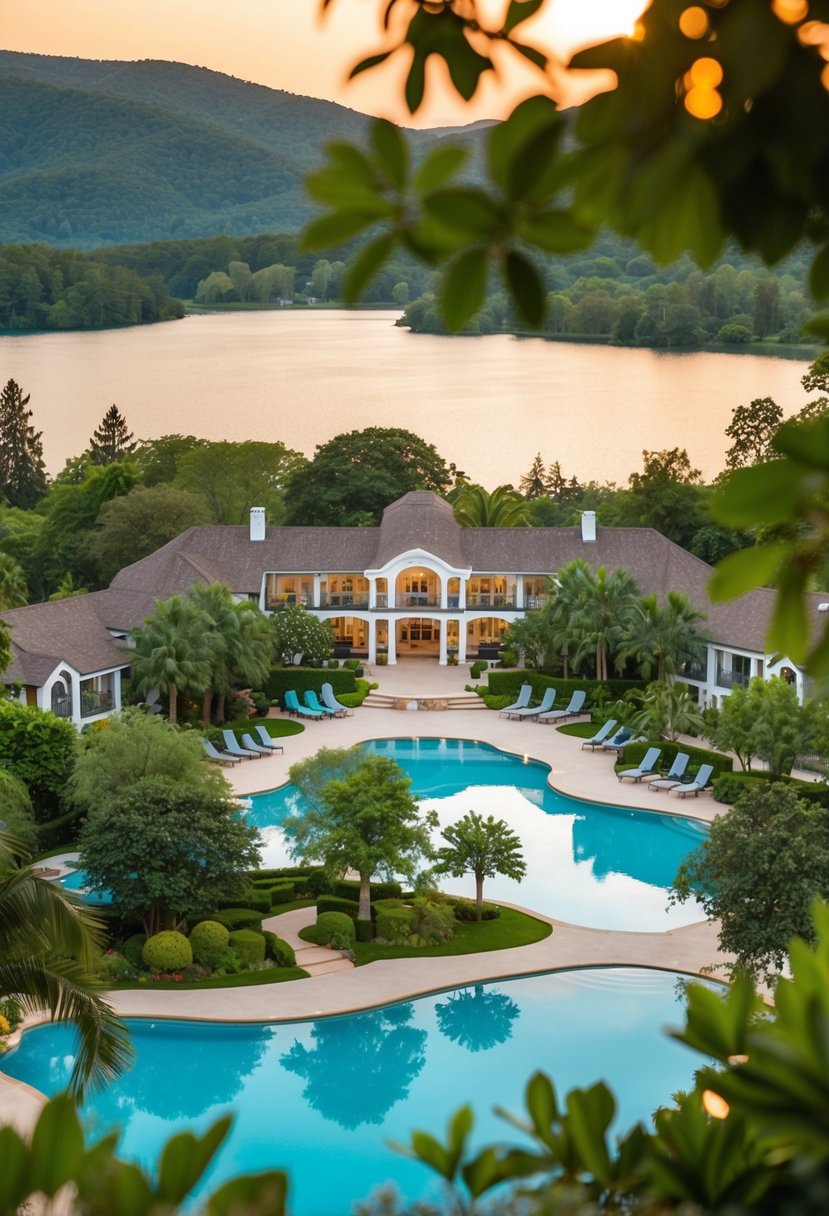 A luxurious resort nestled among lush greenery and shimmering lakes, with elegant architecture and pristine swimming pools