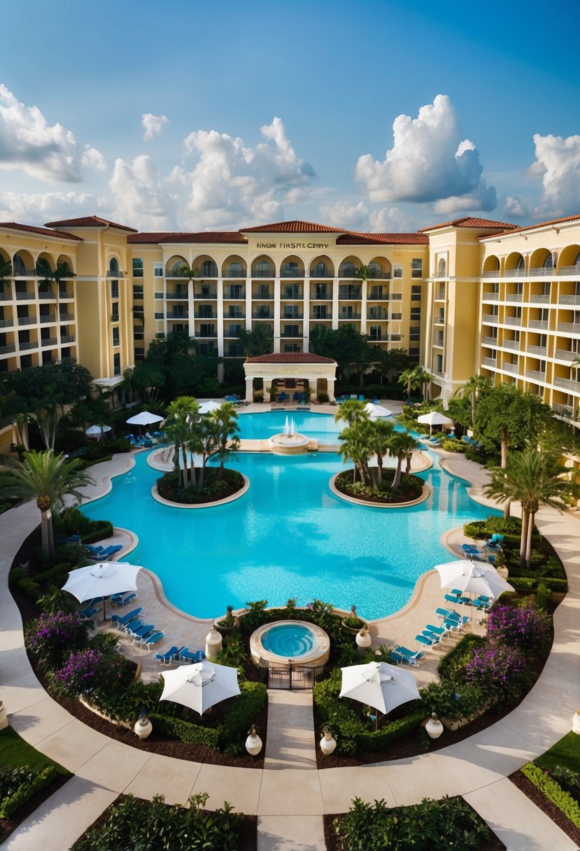 The Hyatt Regency Grand Cypress resort in Orlando features a sprawling pool complex surrounded by lush landscaping and luxurious amenities