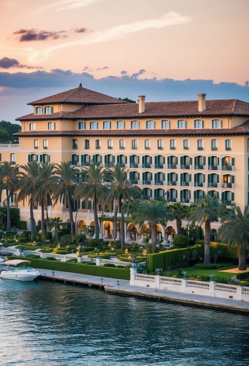 A grand Italian-style hotel with terracotta roofs and lush gardens, nestled along the waterfront with palm trees and a serene atmosphere