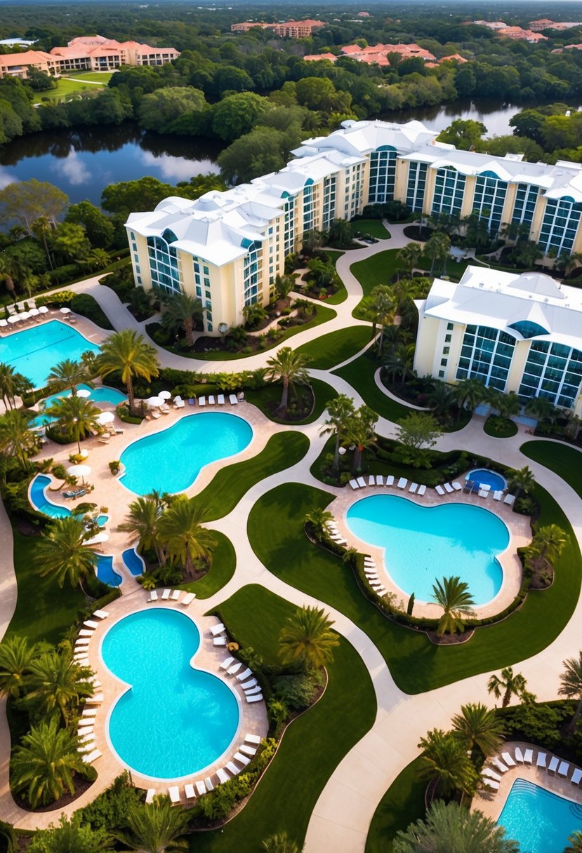 Aerial view of Orlando's top 5 resorts nestled among lush greenery, with sparkling pools, winding pathways, and vibrant outdoor amenities