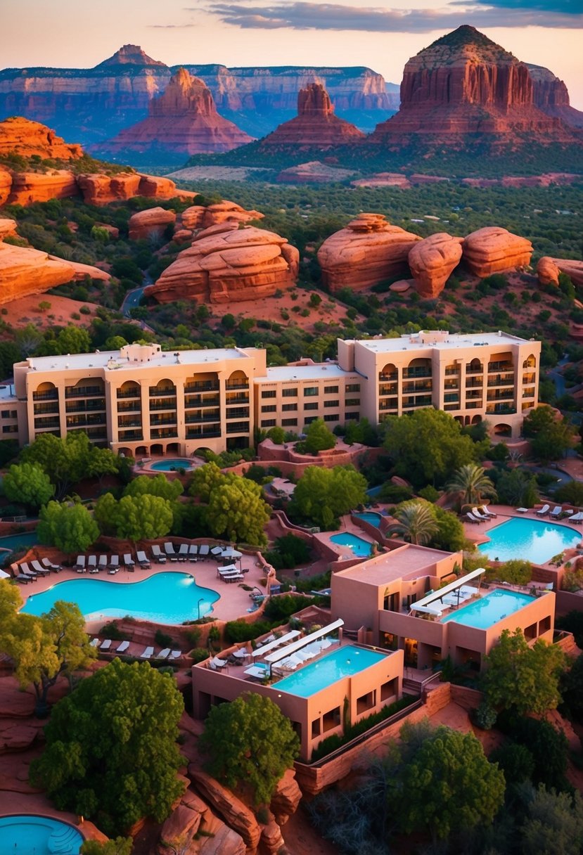 Aerial view of Sedona's top 5 resorts nestled among red rock formations with lush greenery and sparkling pools