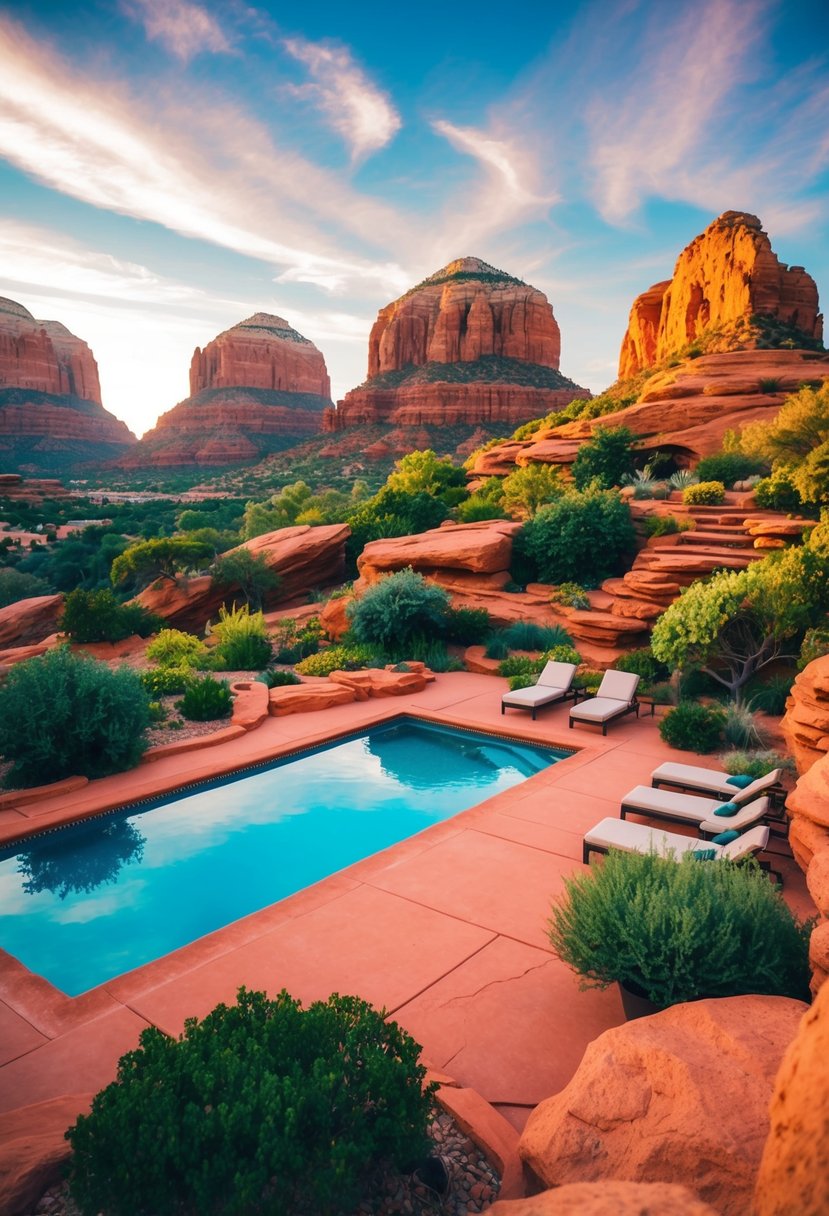 A tranquil oasis nestled among red rock formations, with lush gardens and a glistening pool, surrounded by the breathtaking beauty of Sedona