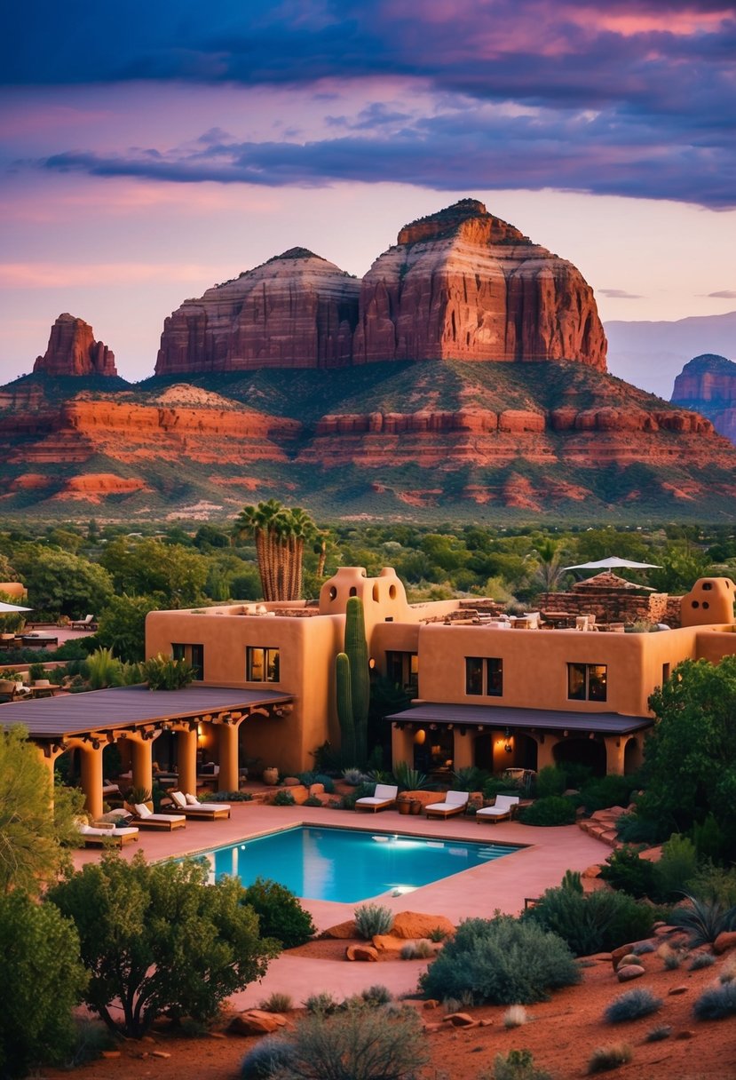 Lush desert landscape with red rock formations, luxurious adobe-style buildings, and a sparkling pool at Enchantment Resort in Sedona