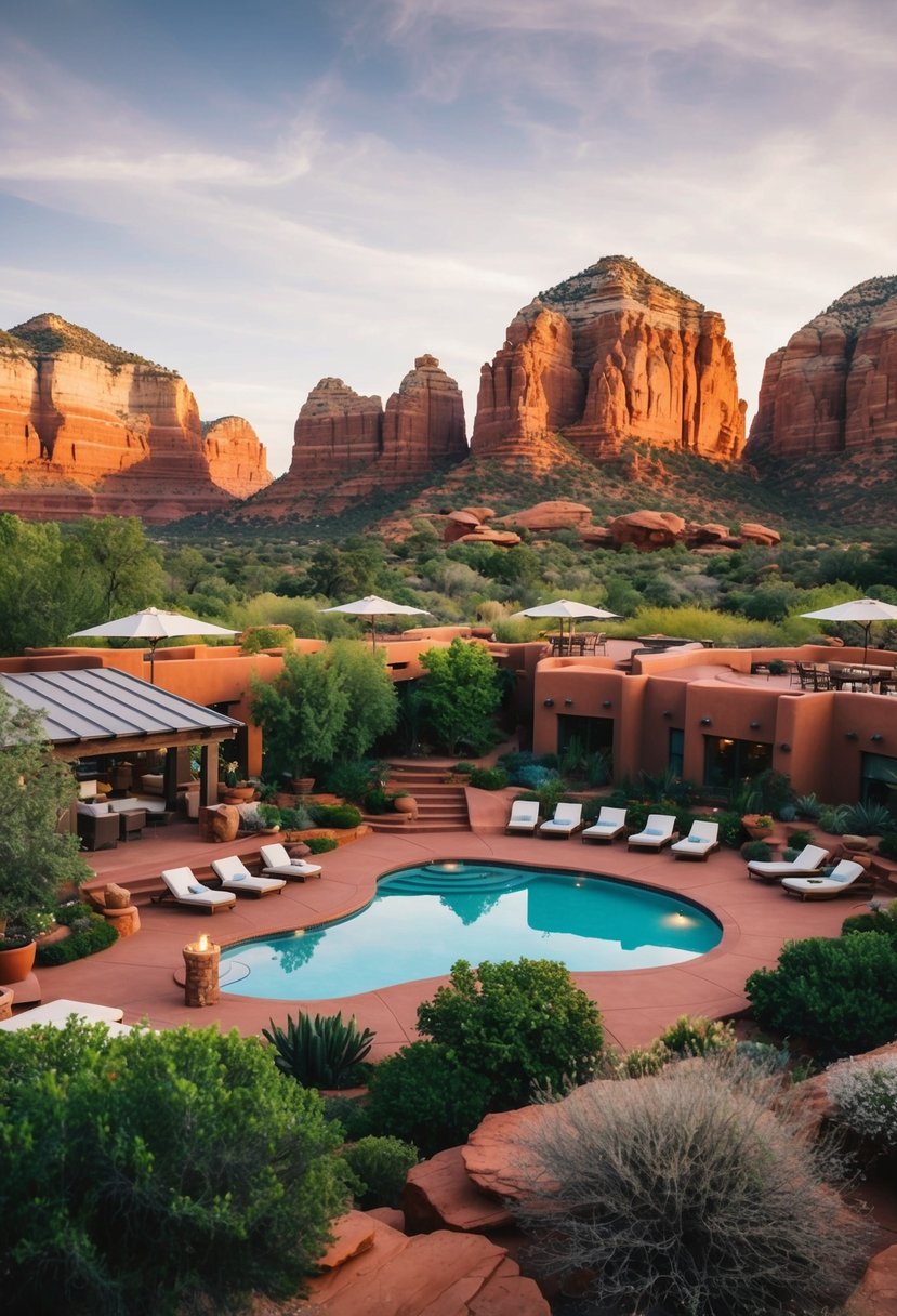 The Amara Resort and Spa nestled among red rock formations in Sedona, Arizona, with lush gardens and a luxurious pool area