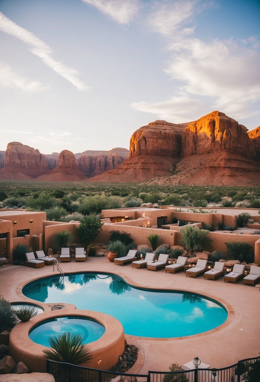 A luxurious desert resort with red rock backdrop, pool, and spa