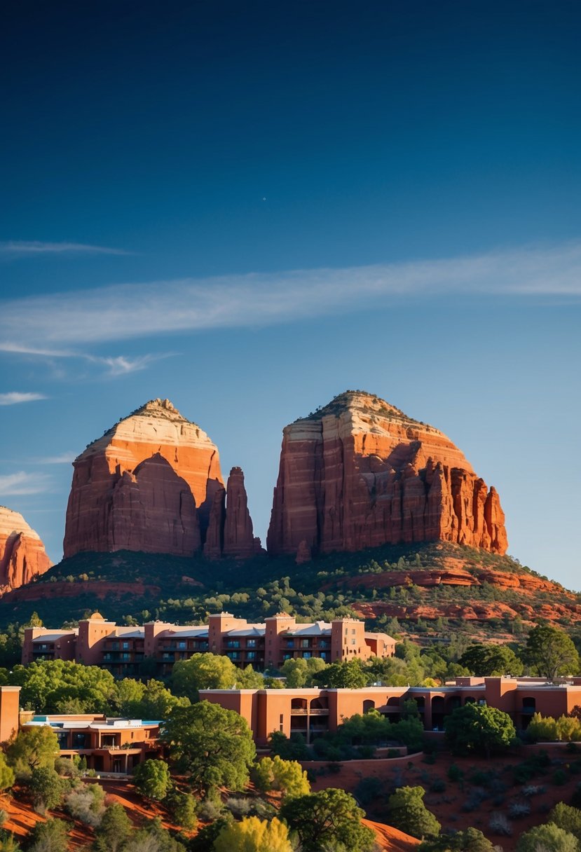 The red rock formations of Sedona rise against a clear blue sky, with lush greenery and luxurious resorts nestled in the unique geographical features