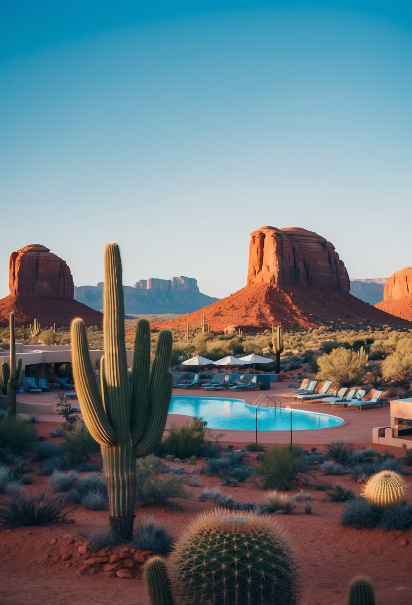 A serene desert landscape with red rock formations, cacti, and a clear blue sky. Nearby, luxurious resorts with swimming pools and outdoor activities