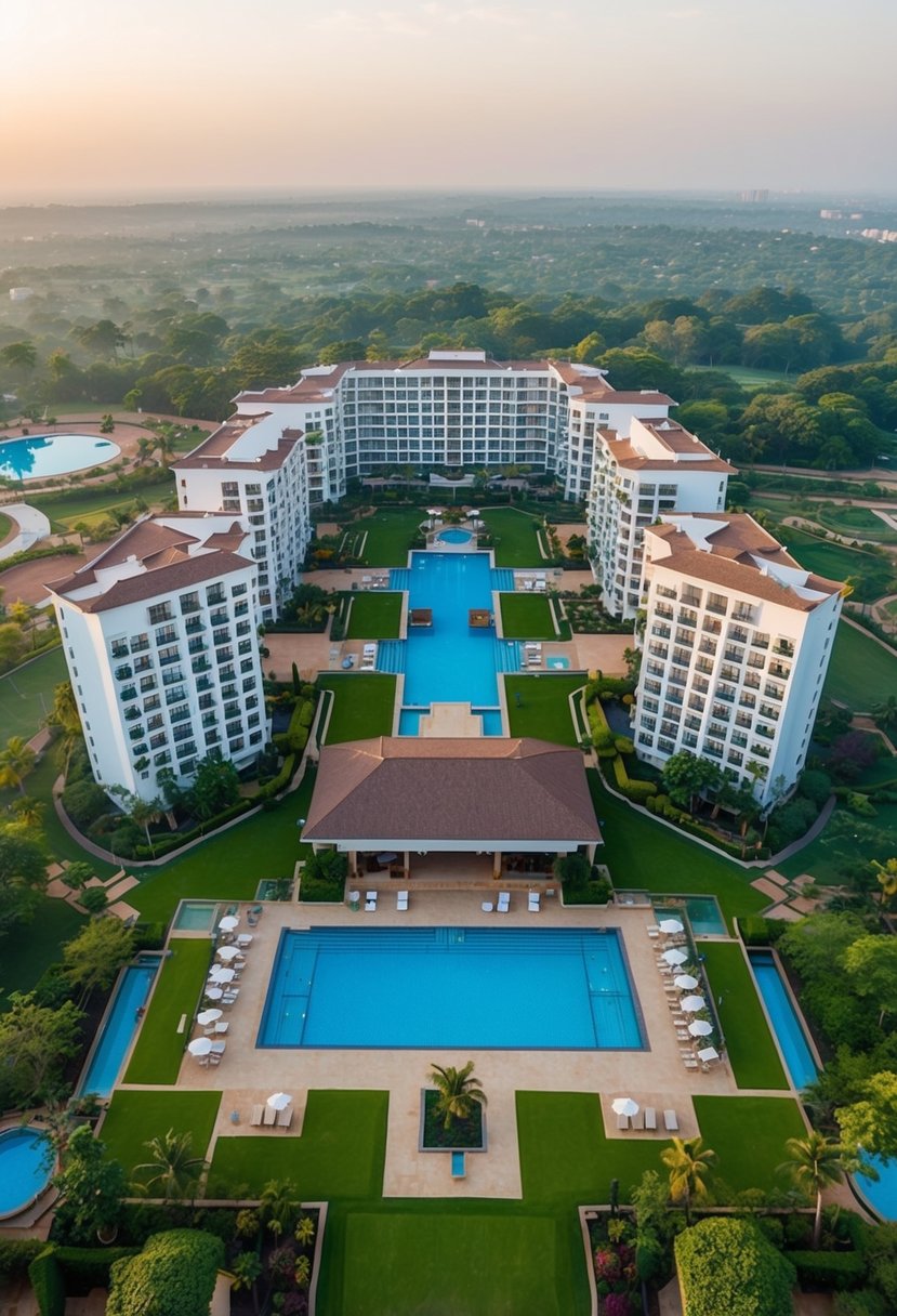 Aerial view of 5 luxury resorts in Hyderabad, surrounded by lush greenery, swimming pools, and expansive grounds