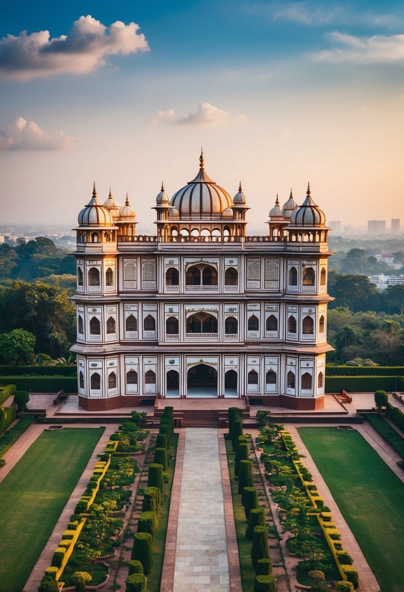 The majestic Taj Falaknuma Palace in Hyderabad, surrounded by lush gardens and overlooking the city, exudes luxury and grandeur