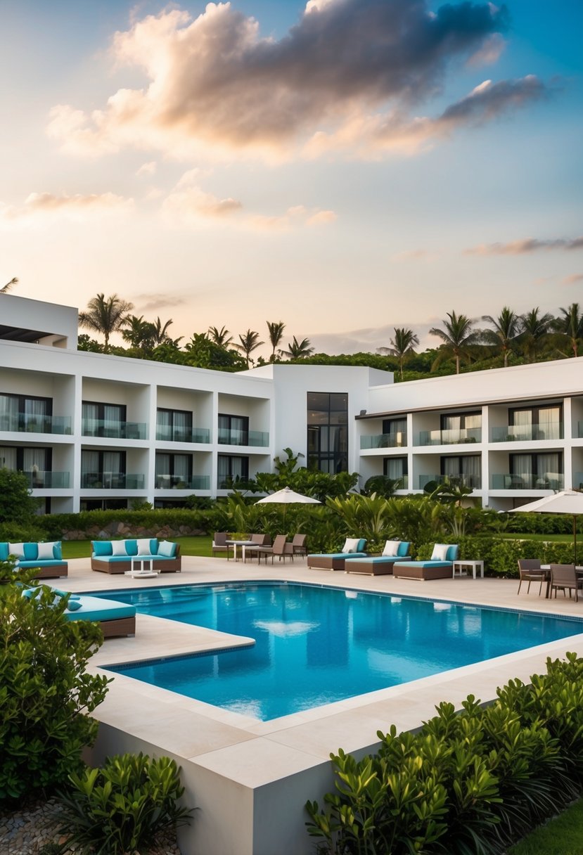 A luxurious resort with modern architecture and lush landscaping, featuring a pool and outdoor seating areas
