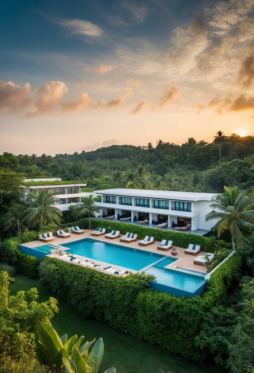 A luxurious resort nestled in lush greenery with a sparkling pool and modern architecture