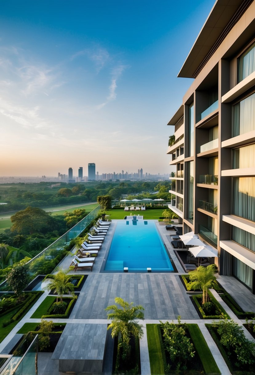 A luxurious resort with modern architecture, lush gardens, a sparkling pool, and panoramic views of Hyderabad's skyline