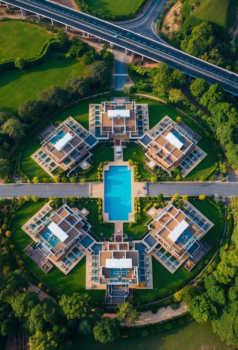 Aerial view of 5 luxurious resorts in Hyderabad, surrounded by lush greenery and easily accessible by road